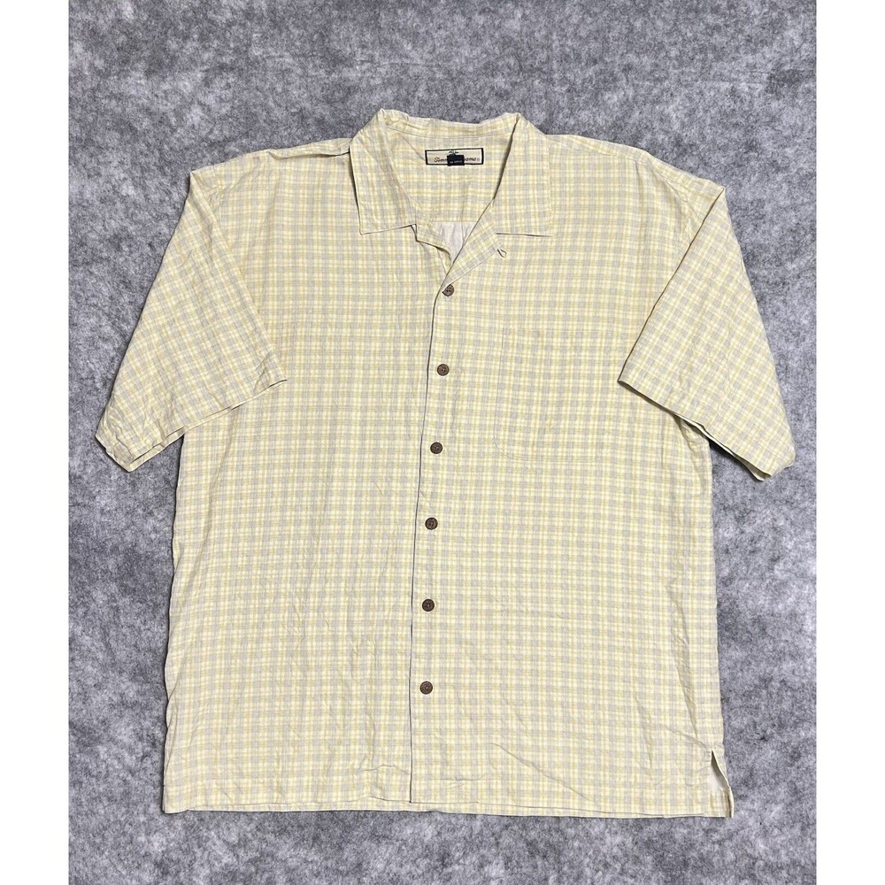 Tommy Bahama 100% Silk Camp Shirt Men's XL Tartan Plaid Yellow Button Up